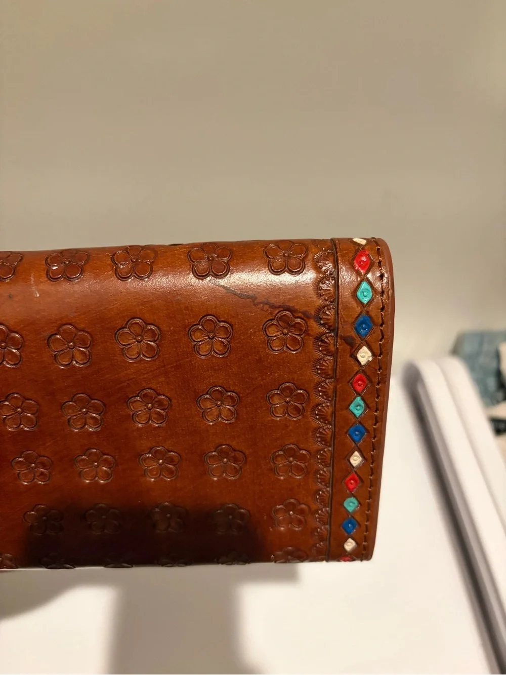 Brown Tooled Leather Wallet Clutch with Turquoise Accents